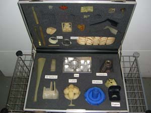 Sample items manufactured in early 3D printers in the 1990s